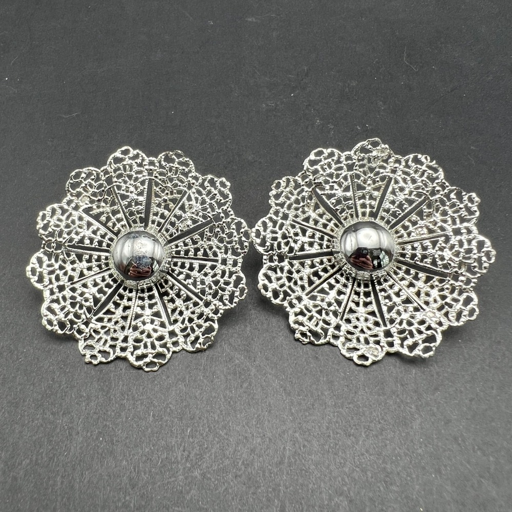 Vintage SAC Large Flower Clip On Earrings Open Weave‎ Brushed Shiny Silver Tone